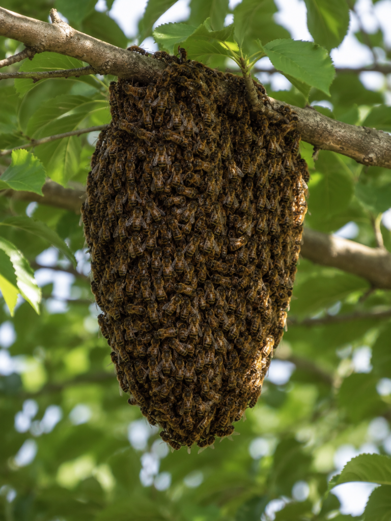 Essaim d'abeilles en grappe compacte sur une branche