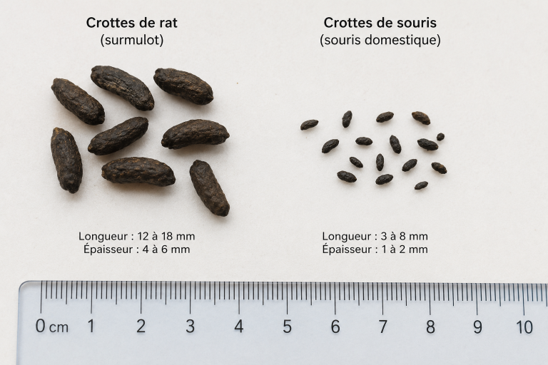 Crottes de rat et de souris comparées, avec un repère d'échelle