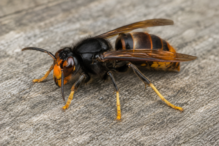 Frelon asiatique, thorax noir velouté et pattes à extrémités jaunes