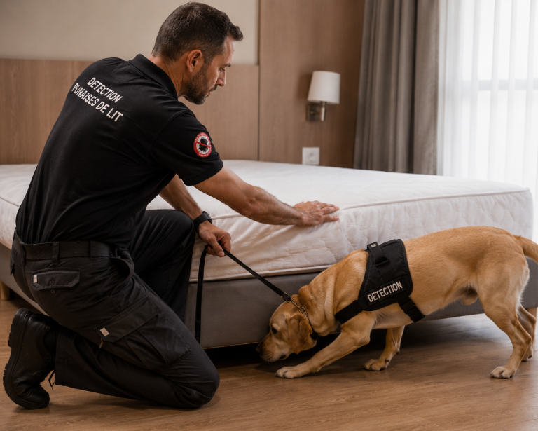 Maître-chien et chien détecteur inspectant le tour d'un sommier