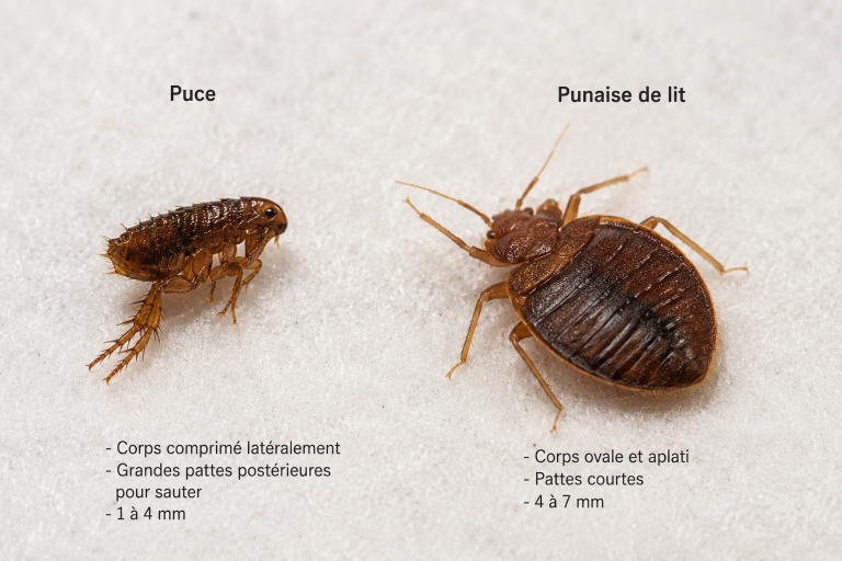 Puce vue de profil, corps étroit comprimé latéralement et longues pattes arrière
