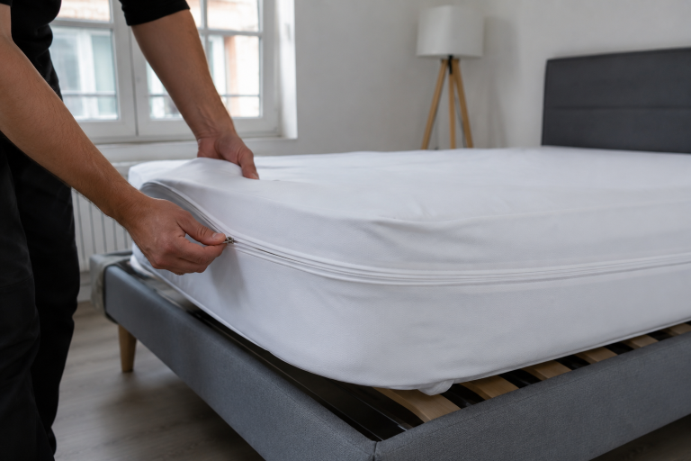 Housse anti-punaises posée sur un matelas, fermeture à glissière visible