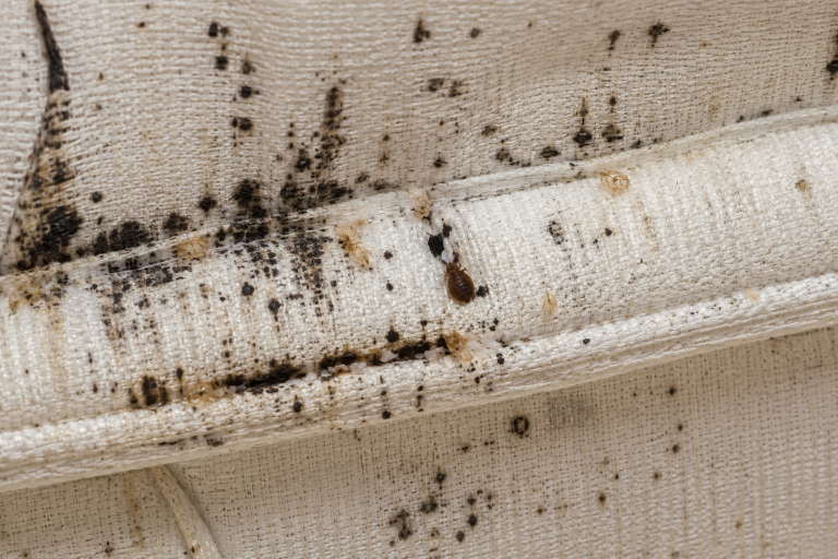 Couture de matelas avec taches noires, œufs blancs et mues de punaises de lit