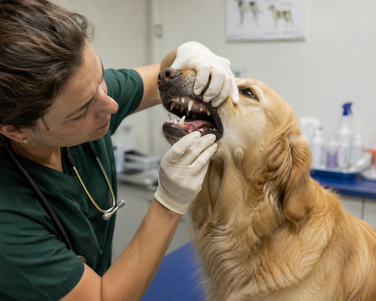 Vétérinaire examinant la gueule d'un chien lors d'une consultation