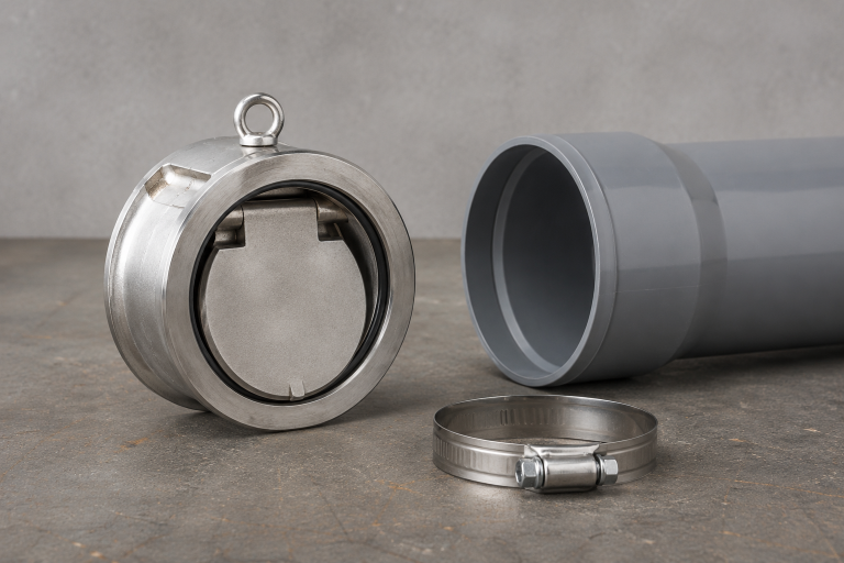 Clapet anti-retour en inox posé près d'un tronçon de tuyau PVC