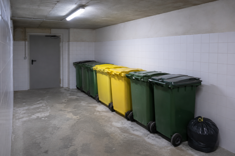Local à poubelles d'un immeuble, bacs roulants alignés contre un mur carrelé