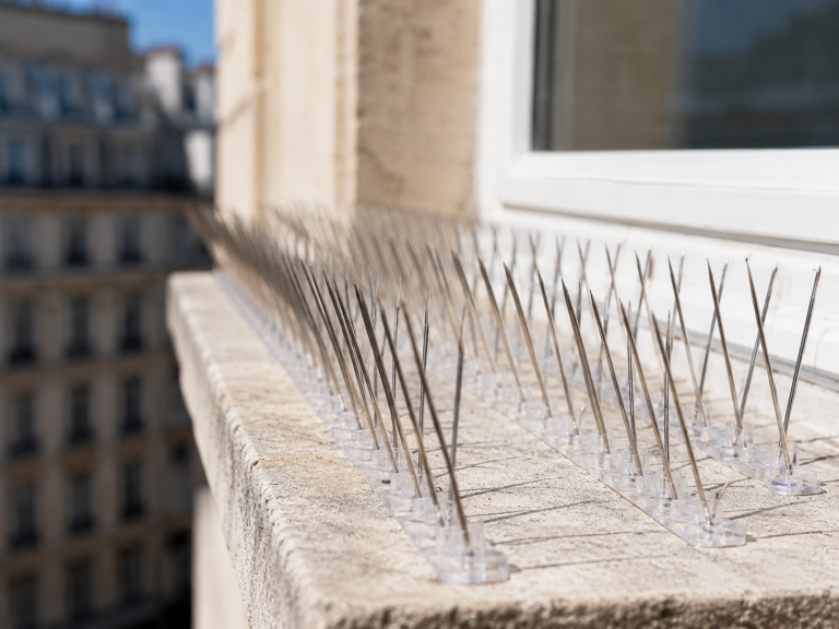 Deux rangées de pics anti-pigeon en inox posées sur un appui de fenêtre en pierre