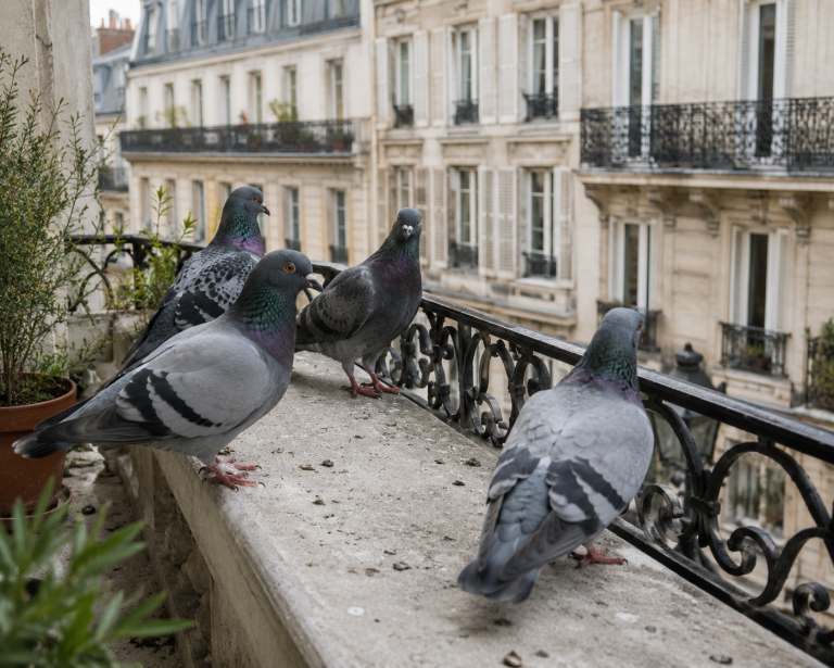 Quatre pigeons posés sur la rambarde en pierre d'un balcon parisien souillée de fientes