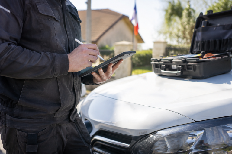 Technicien remplissant un rapport d'intervention sur une tablette
