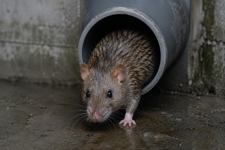 Rat brun sortant d'une canalisation d'évacuation en PVC