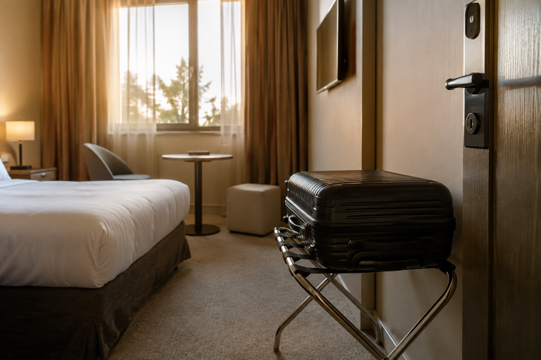 Valise fermée posée sur un porte-bagages, à distance du lit