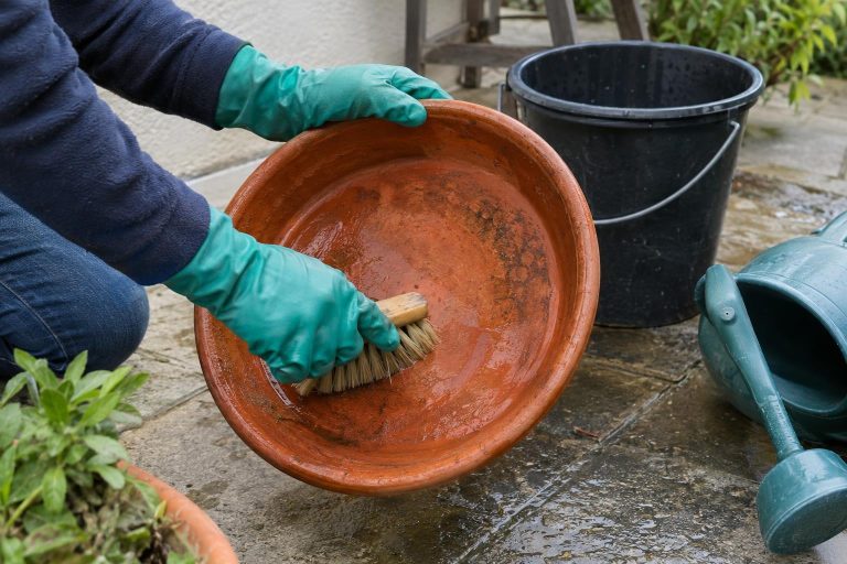 Brossage de la paroi intérieure d’une soucoupe de pot après avoir retiré l’eau.