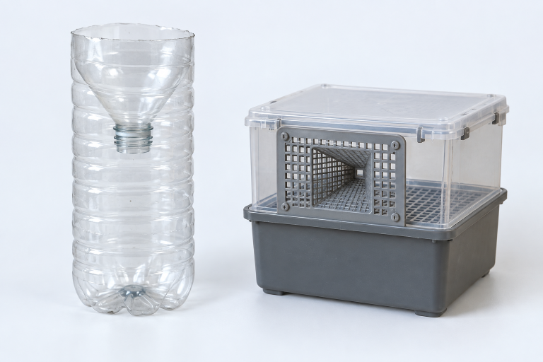 Piège à frelons artisanal en bouteille à côté d'un piège sélectif du commerce