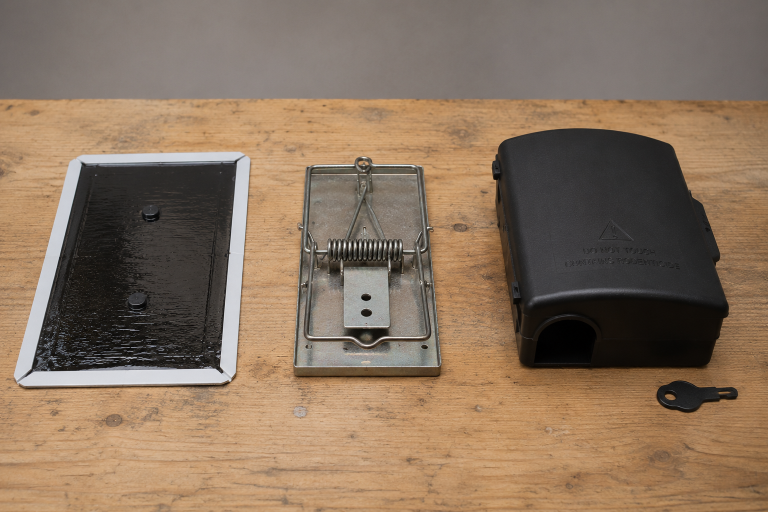 Plaque collante, tapette mécanique et poste d'appâtage alignés sur un établi