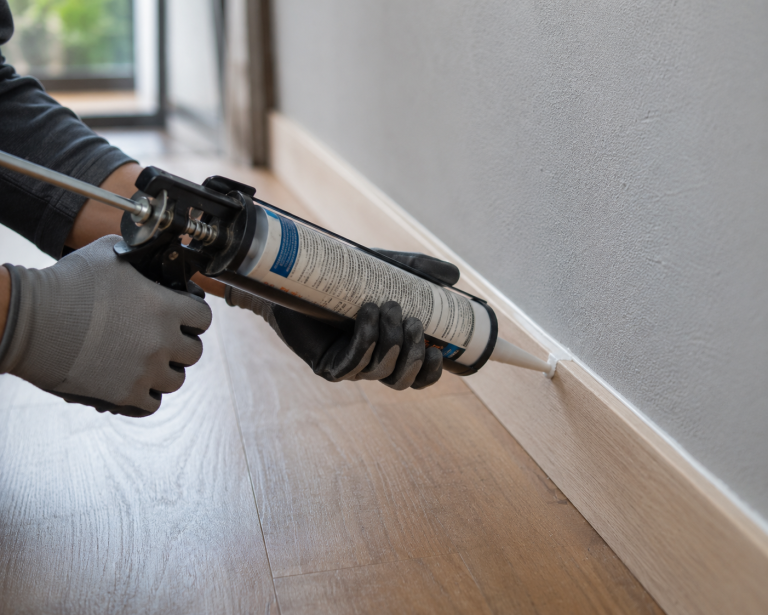Mains gantées appliquant un cordon de mastic au pistolet le long d'une plinthe
