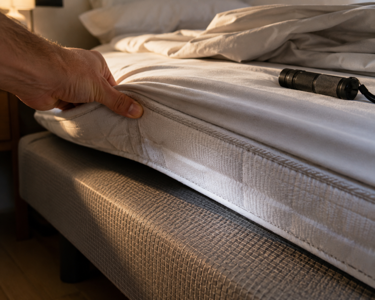 Main soulevant l'angle d'un matelas pour dégager la couture et le sommier
