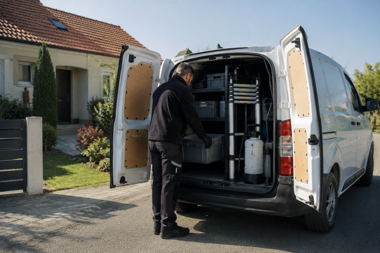 Utilitaire d'intervention ouvert, technicien saisissant une caisse de matériel