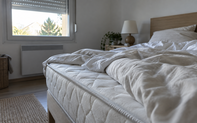 Chambre au petit matin, lit défait, draps repoussés