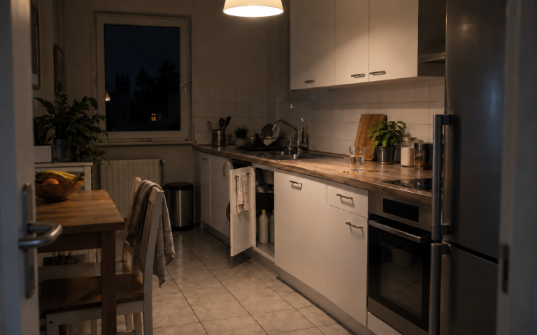 Cuisine la nuit, éclairée par le plafonnier qu'on vient d'allumer