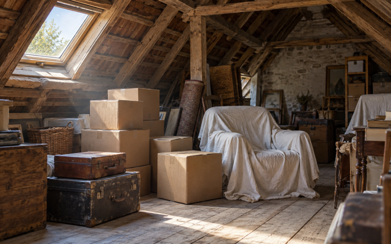 Grenier encombré de cartons et de vieux meubles